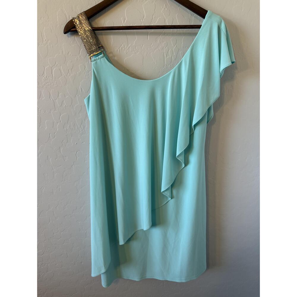 Betsy Adam Dress Womens 10 Blue OneShoulder Ruffle Beaded Strap‎ Cocktail Glam
